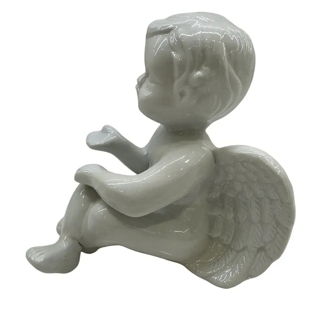 Vintage Ceramic Cherub Sitting Figurine White Porcelain Cupid Angel Statue Vtg